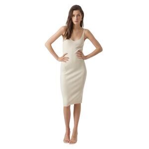 Vero Moda Ribbed Knit Midi Dress Cream Bodycon V Neck Slip Large